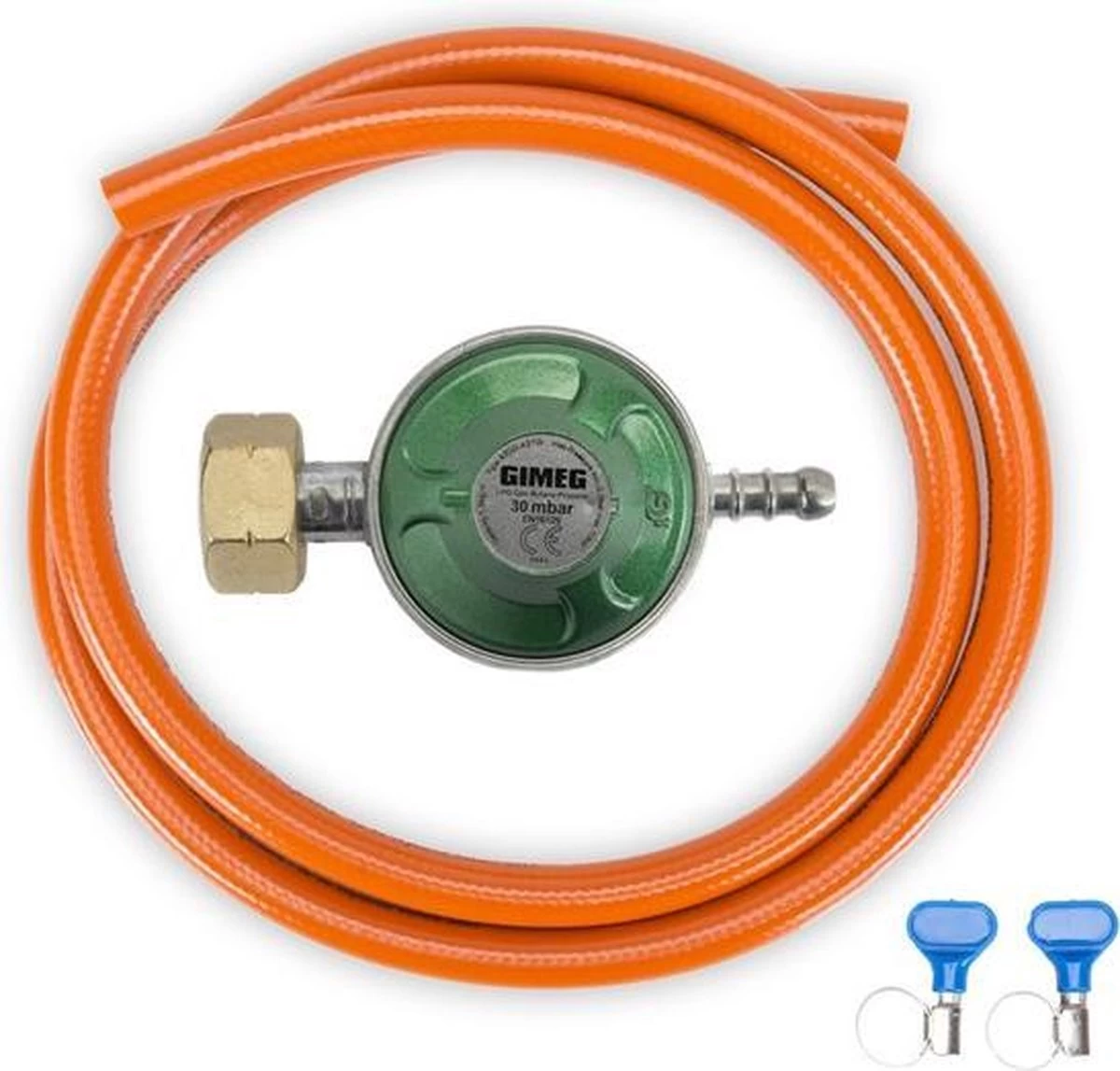Gimeg Gasdrukregelaarset - 30 Mbar - Kombi X Slangpilaar - Slang 150 Cm 1 Gimeg Gasdrukregelaarset - 30 Mbar - Kombi X Slangpilaar - Slang 150 Cm