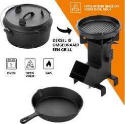 Dutch Mountains Gietijzeren Pannenset 7-delig - Dutch Oven – Braadpan - Grillpan - Hapjespan - Kookset In Houten Transportkist - Deksellifter - Brander -Keukengrill 1200x1185 3