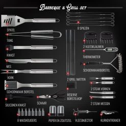 Mountain Jack® 40-Delige Luxe BBQ Grill Accessoires Set In Roestvrij Staal – Barbecue Gereedschap – Tangenset, Vlees Thermometer, Vleestang, Borstel, Spiezen, Vleesmes, Vleesvork -Keukengrill 1200x1199 6