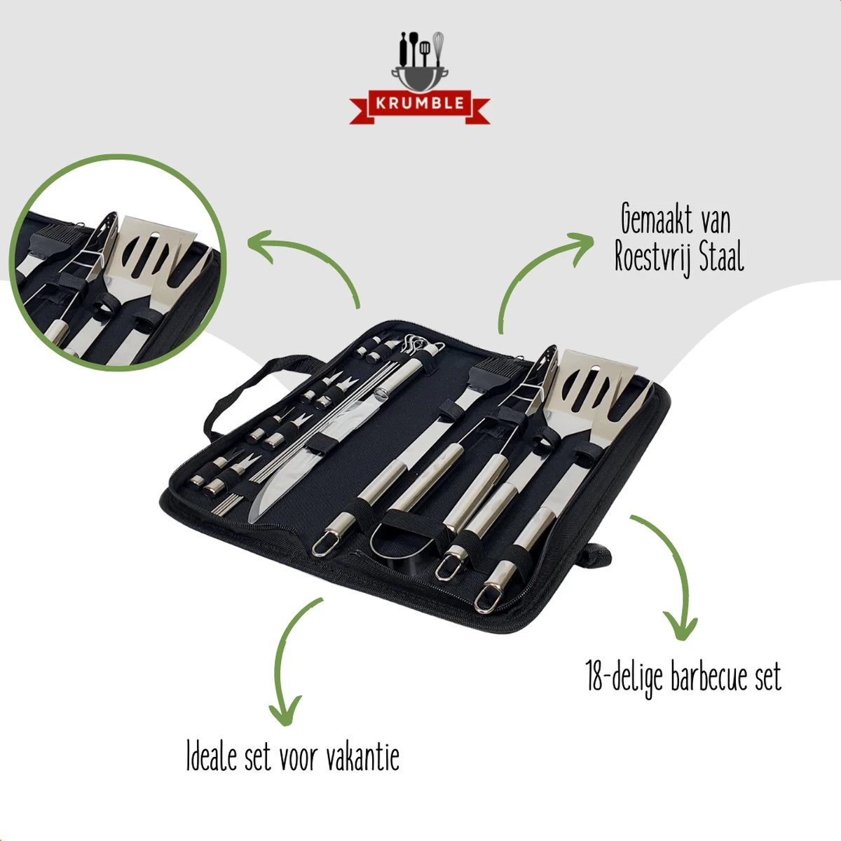 Krumble 18-delige Barbecue Set / Roestvrijstalen BBQ Set Van 18 / Inclusief Handige Opbergtas - RVS 5 Krumble 18-delige Barbecue Set / Roestvrijstalen BBQ Set Van 18 / Inclusief Handige Opbergtas - RVS - Afbeelding 5